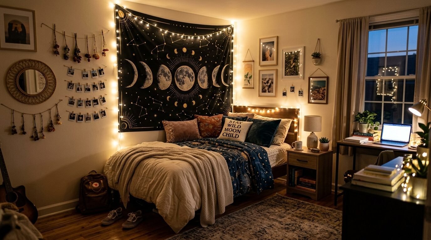 A bedroom with a moon phase tapestry, string lights, polaroid photos on a wall, and a neatly made bed.