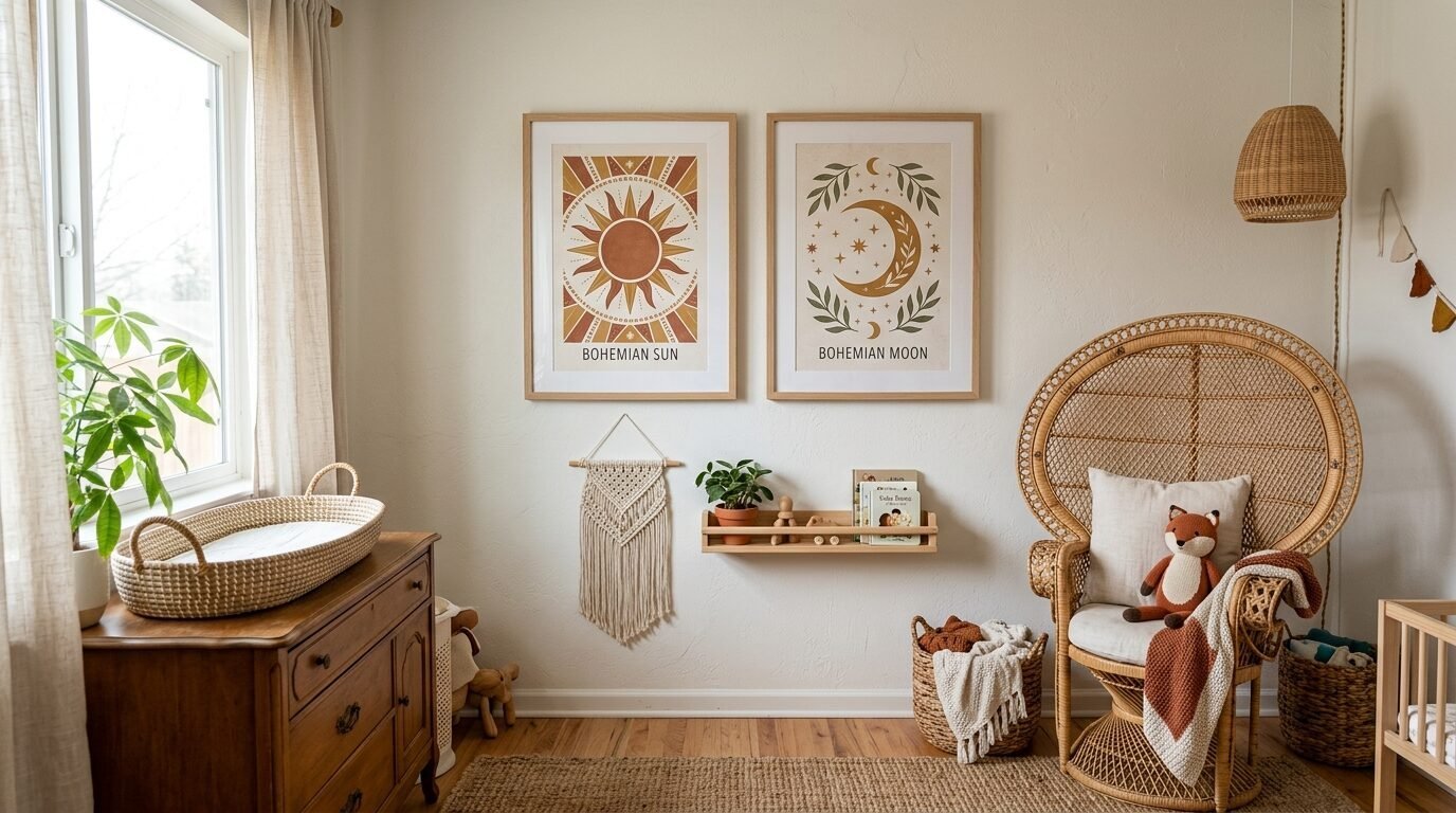 A sunlit bohemian baby nursery with a large rattan peacock chair, wall art prints, and a wooden changing table.