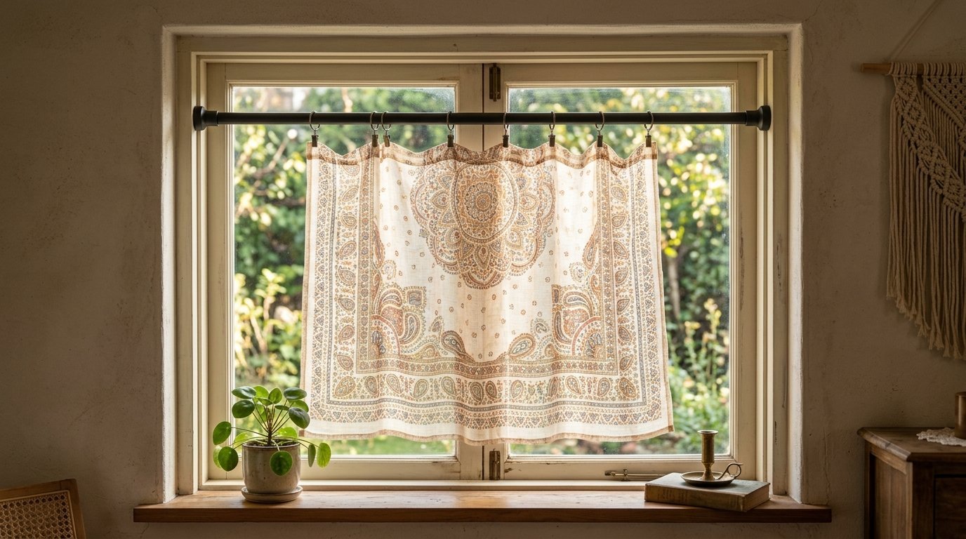 A patterned fabric cafe curtain hangs on a black rod in a window with a green plant and a book on the sill.