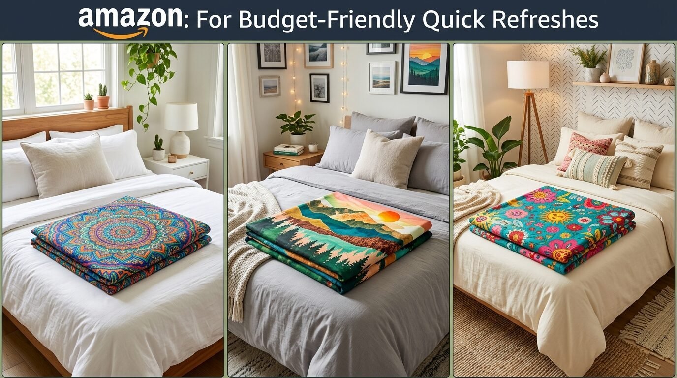 Three bedroom scenes featuring folded decorative blankets with mandala, forest, and floral designs.