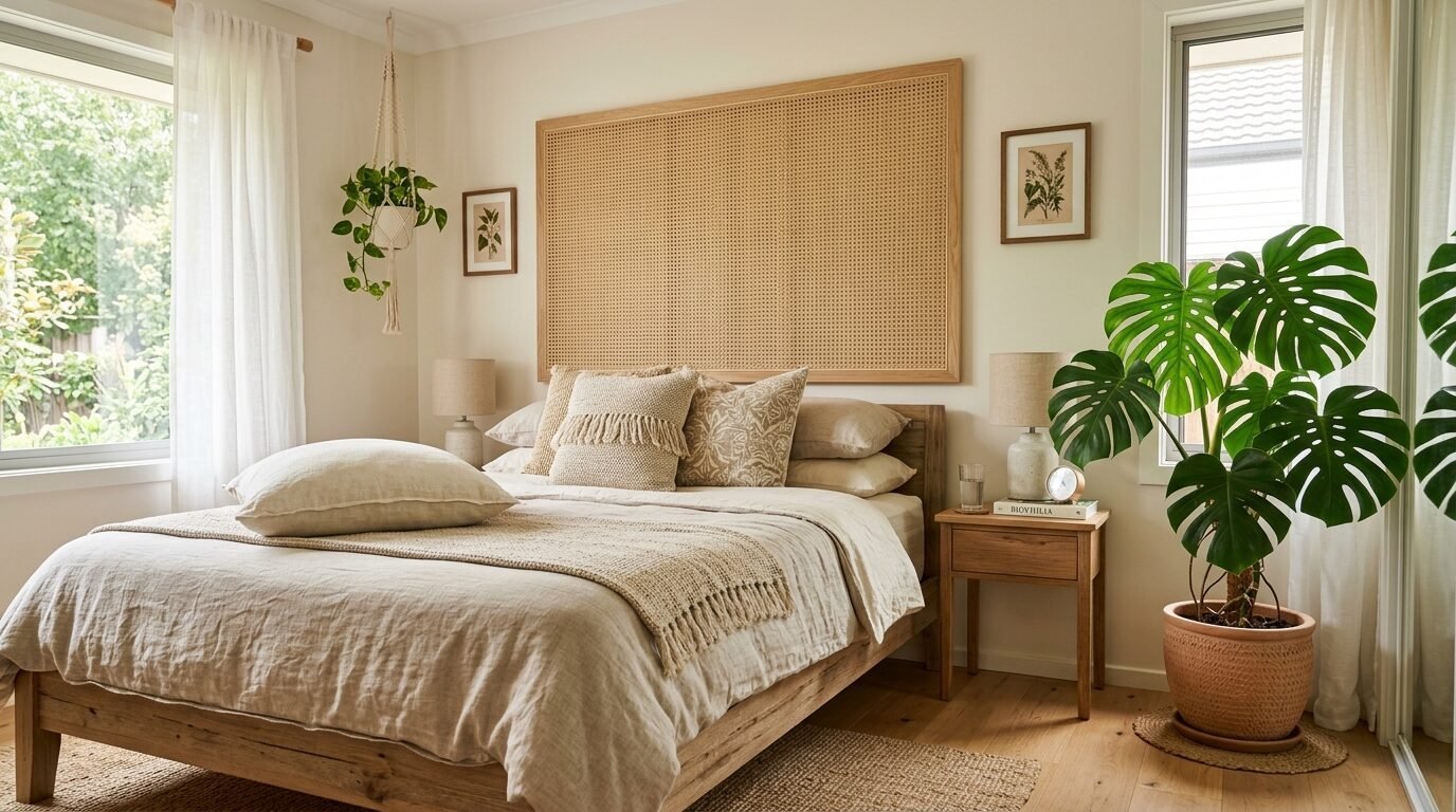 A beige linen bed with a woven rattan wall panel, potted monstera plant, and hanging greenery in a bright bedroom.