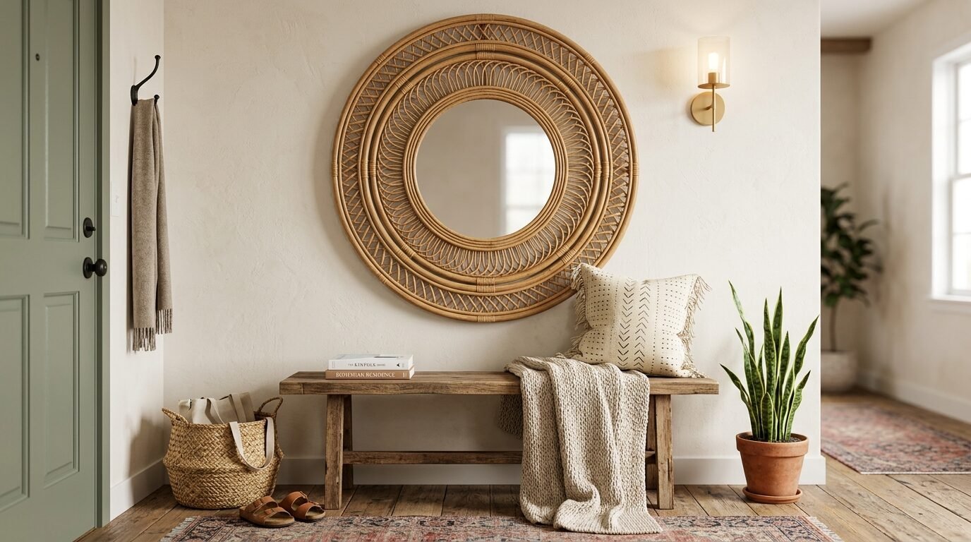 Round rattan mirror hanging on a beige wall over a wood bench with a knitted throw blanket, pillow, and snake plant.