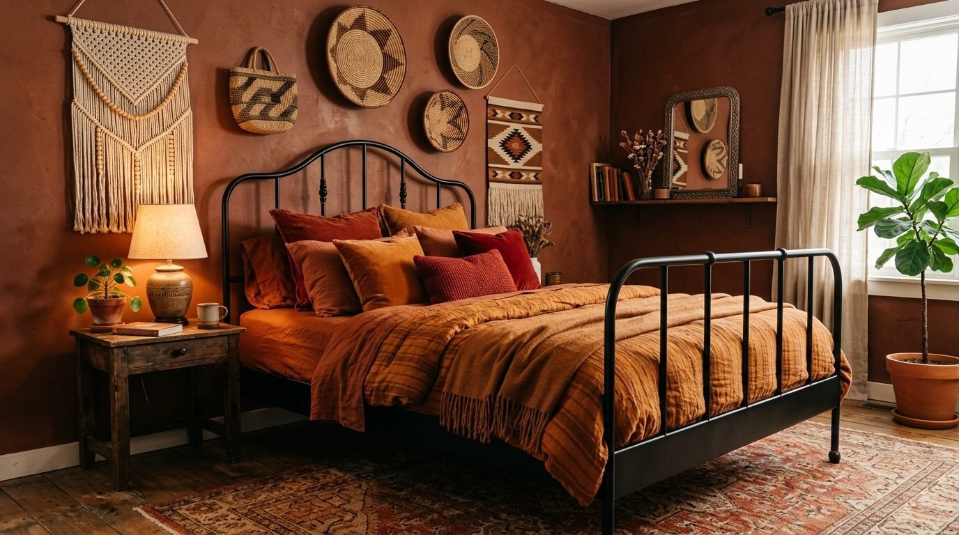 Black metal bed with orange bedding against a rust-colored wall decorated with woven baskets and macrame wall art.