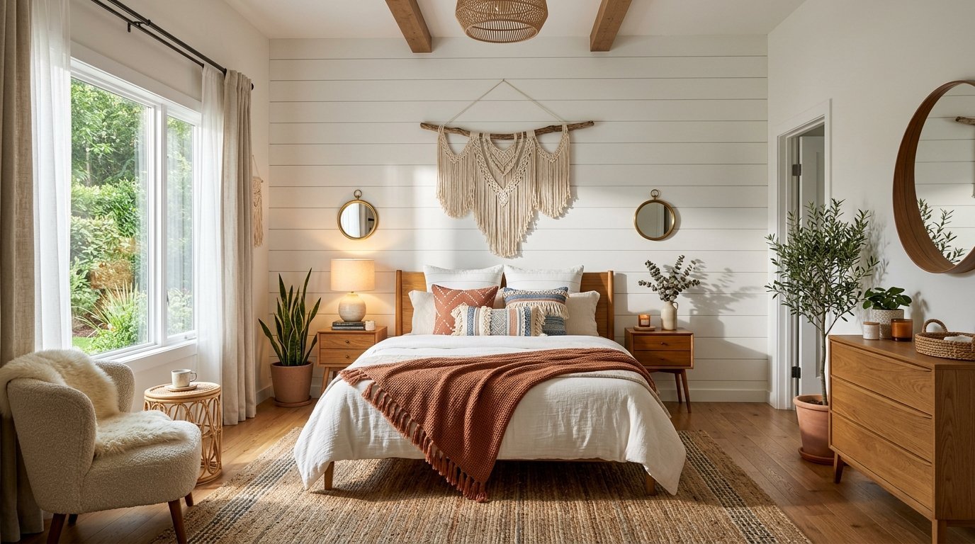Modern boho bedroom with a macrame wall hanging, burnt orange throw blanket, and potted greenery.