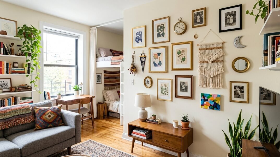 Small living room with a grey sofa, wooden console table, and a wall decorated with diverse framed art and textiles.