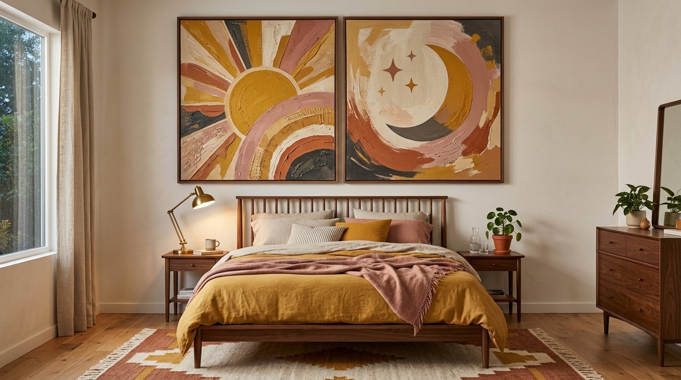 Large framed textured paintings of a sun and crescent moon mounted on a white wall behind a mid-century modern bed.