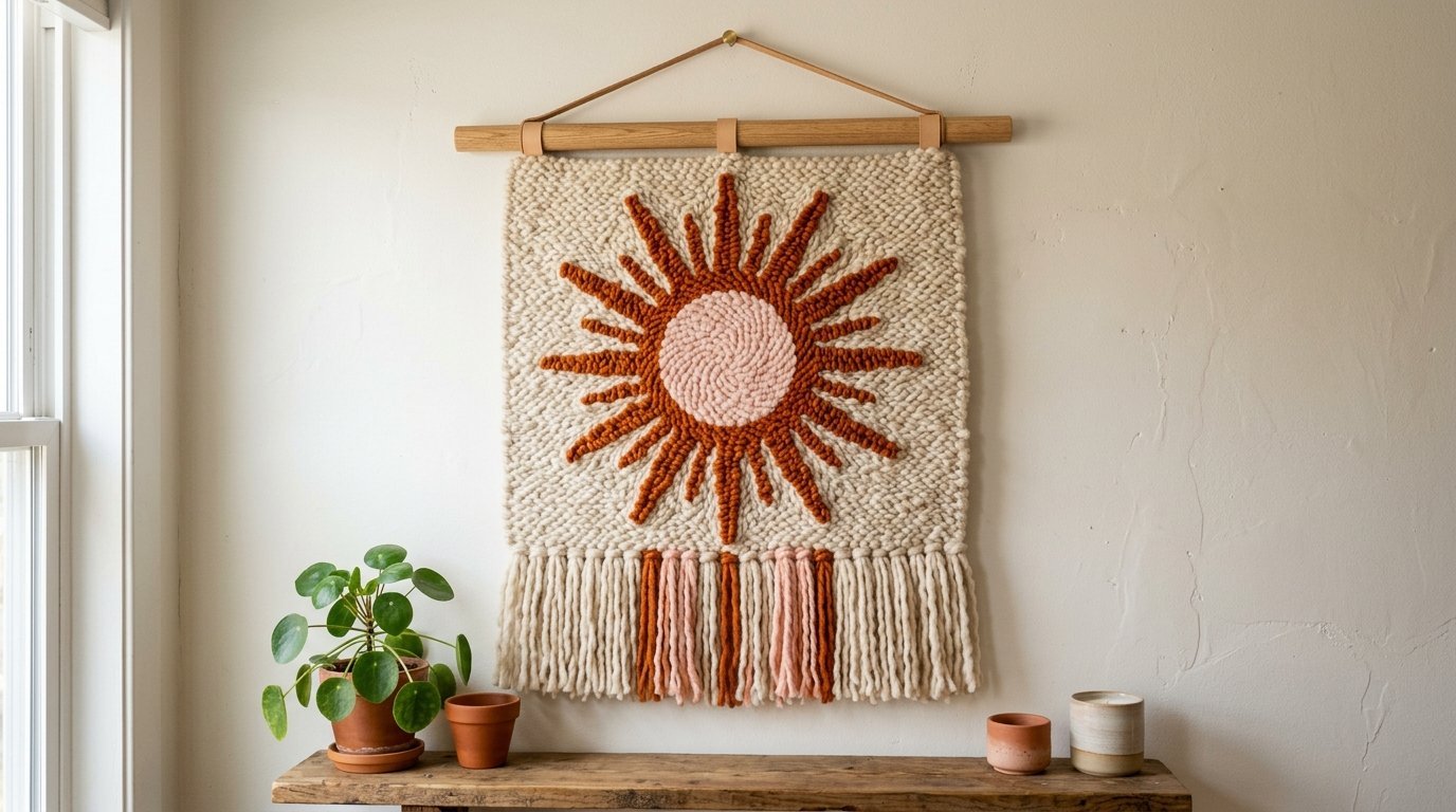 Handmade cream and terracotta sun wall tapestry with fringe hanging on a light colored wall.