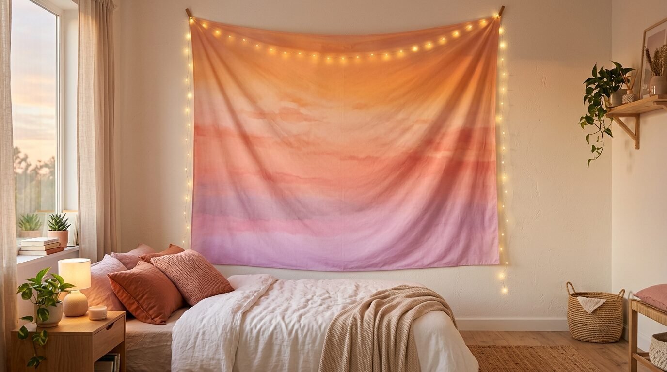 Orange and purple gradient wall tapestry hung above a bed with string lights.