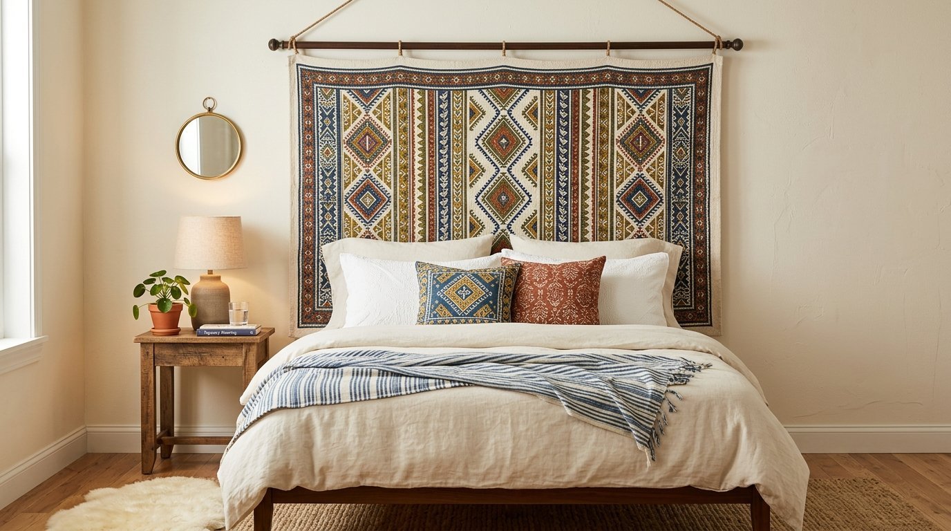 Bed with cream bedding and a large hanging fabric tapestry with earthy tribal patterns mounted on a cream wall.