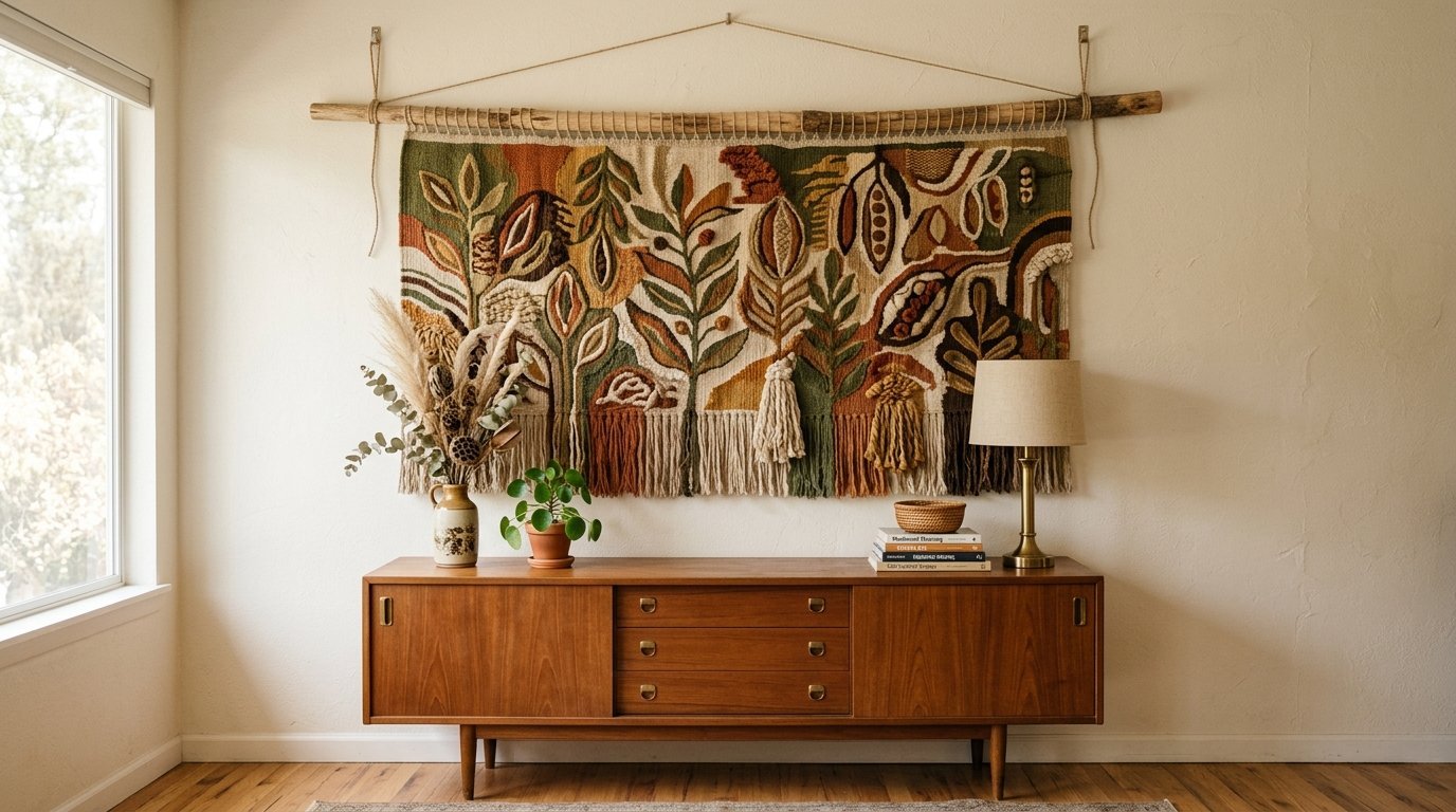 Textured botanical wall tapestry hanging on a neutral wall behind a teak dresser, table lamp, and potted plant.
