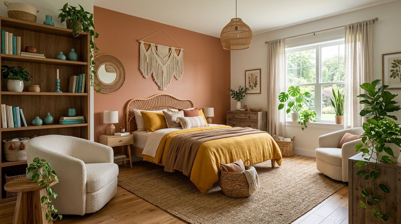 Boho style bedroom with mustard bedding, white boucle armchairs, and abundant indoor plants near a sunny window.