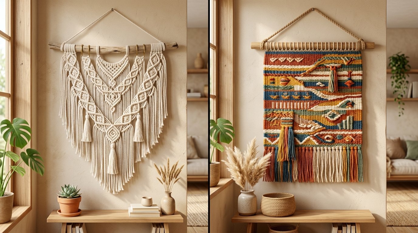 Split view showing a white macrame hanging next to a colorful woven tapestry on neutral walls.