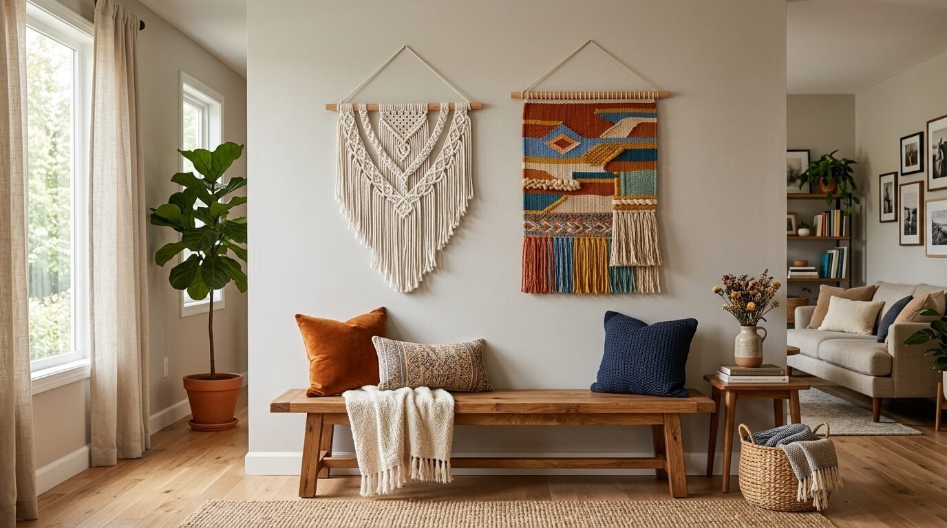 A wooden bench decorated with colorful throw pillows under hanging macrame and woven textile wall art.