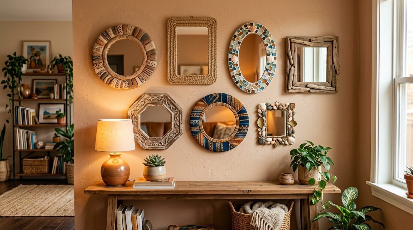 A rustic wooden console table beneath a decorative gallery wall featuring six unique mirrors and house plants.