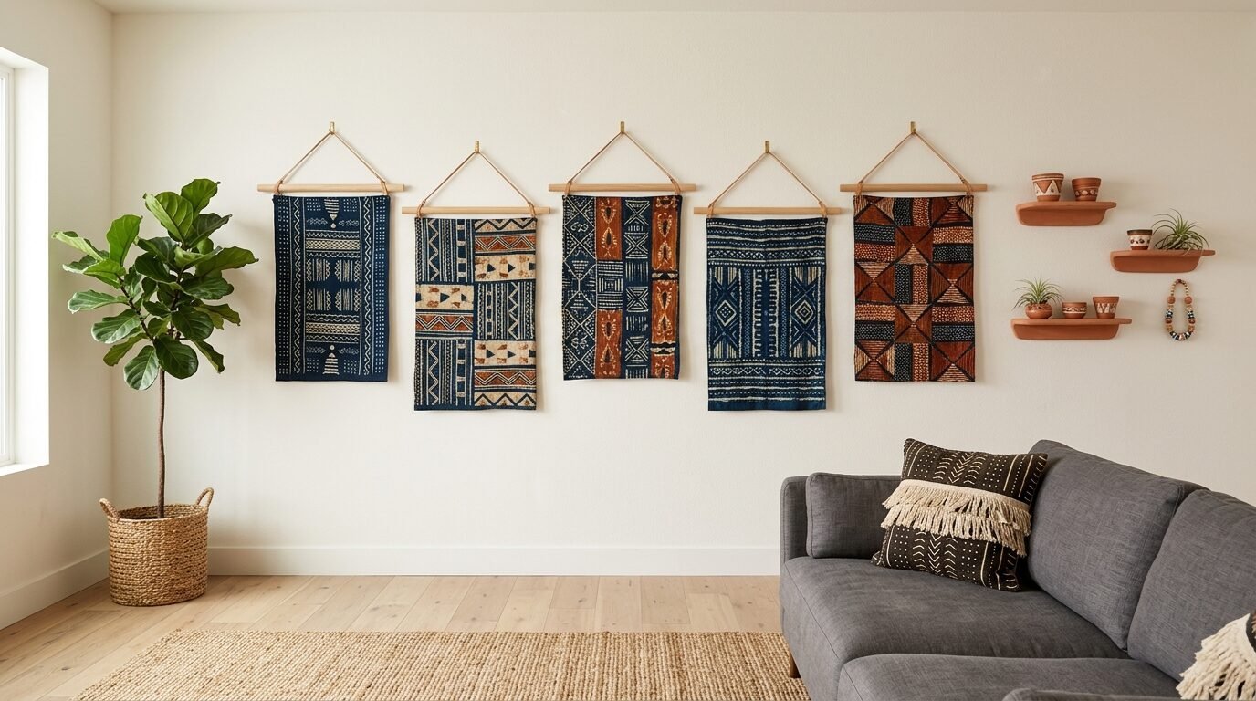 A modern living room wall features five hung fabric art pieces in blue and brown patterns beside a fiddle leaf fig plant.