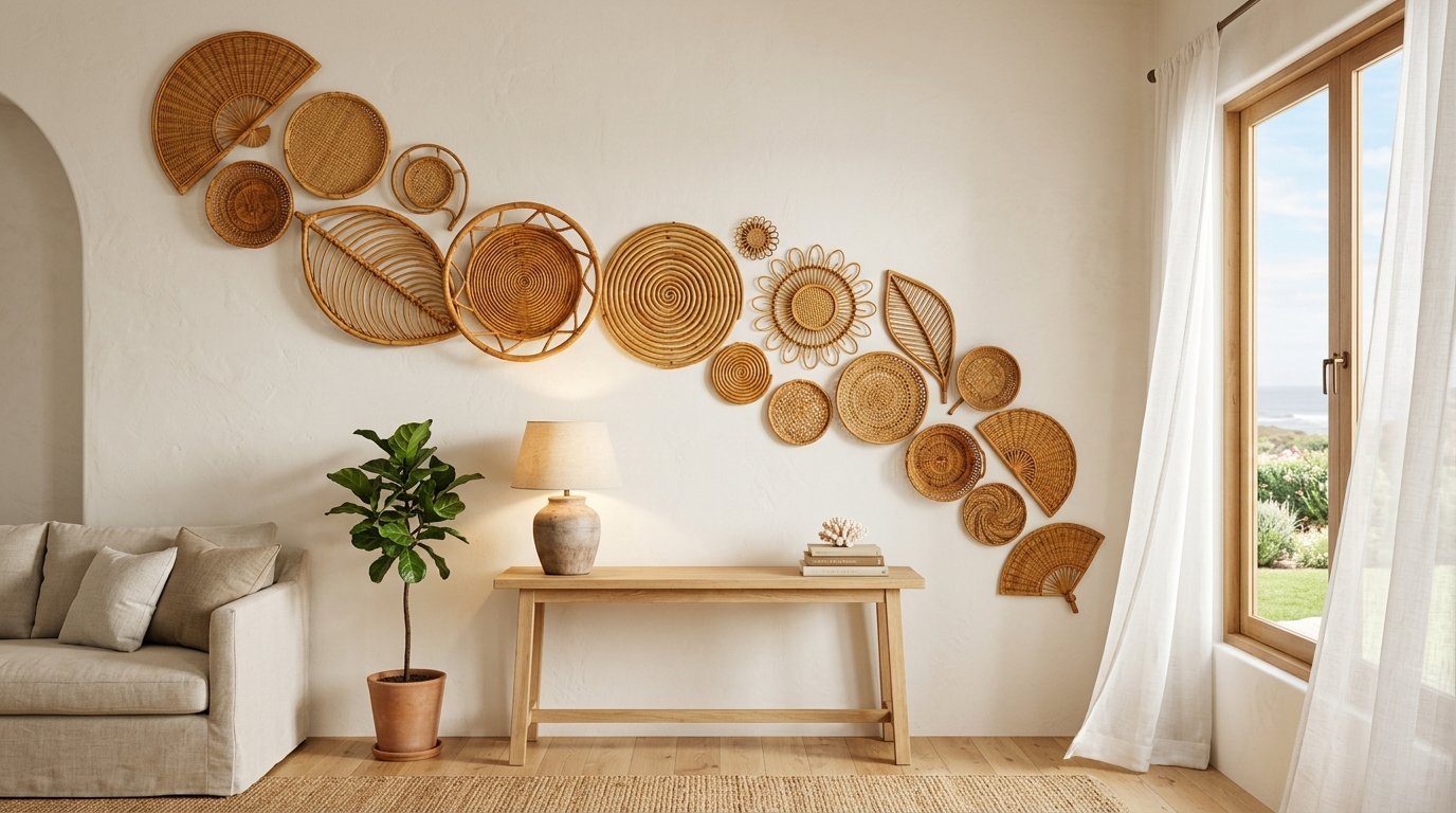 Decorative woven rattan baskets and fans arranged in a sweeping pattern on a white wall above a wooden console table.