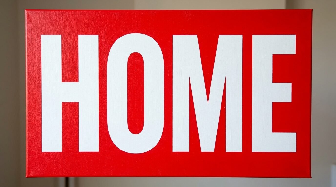 White block letters spelling the word HOME centered on a vibrant rectangular red canvas background.