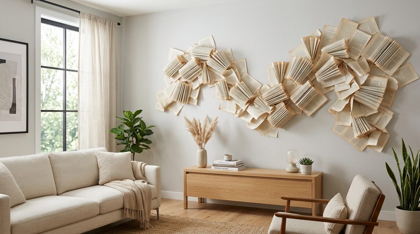 An artistic installation of opened vintage book pages arranged in a wavy pattern above a wooden console table.