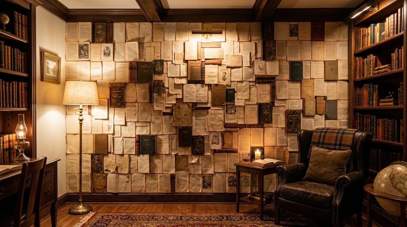 A dark study with a wall decorated in old paper pages, a leather armchair, and warm ambient lighting.