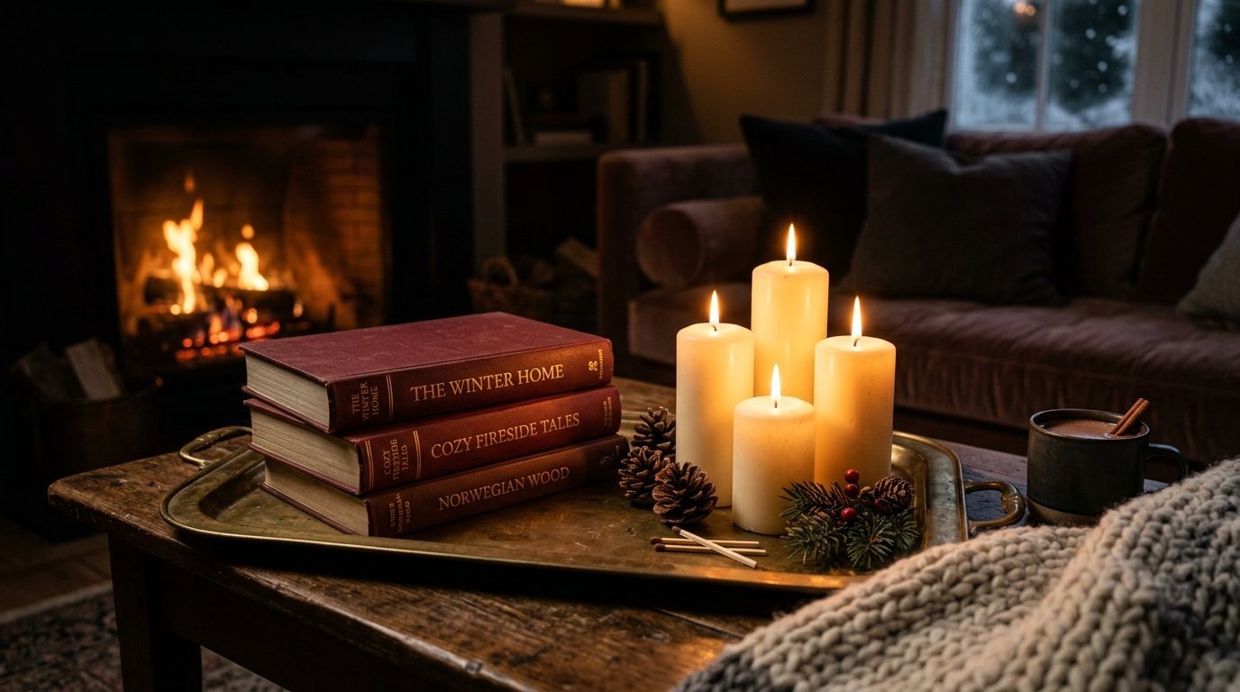 Three stacked books, four lit white candles, and pine decor on a brass tray in front of a warm fireplace.