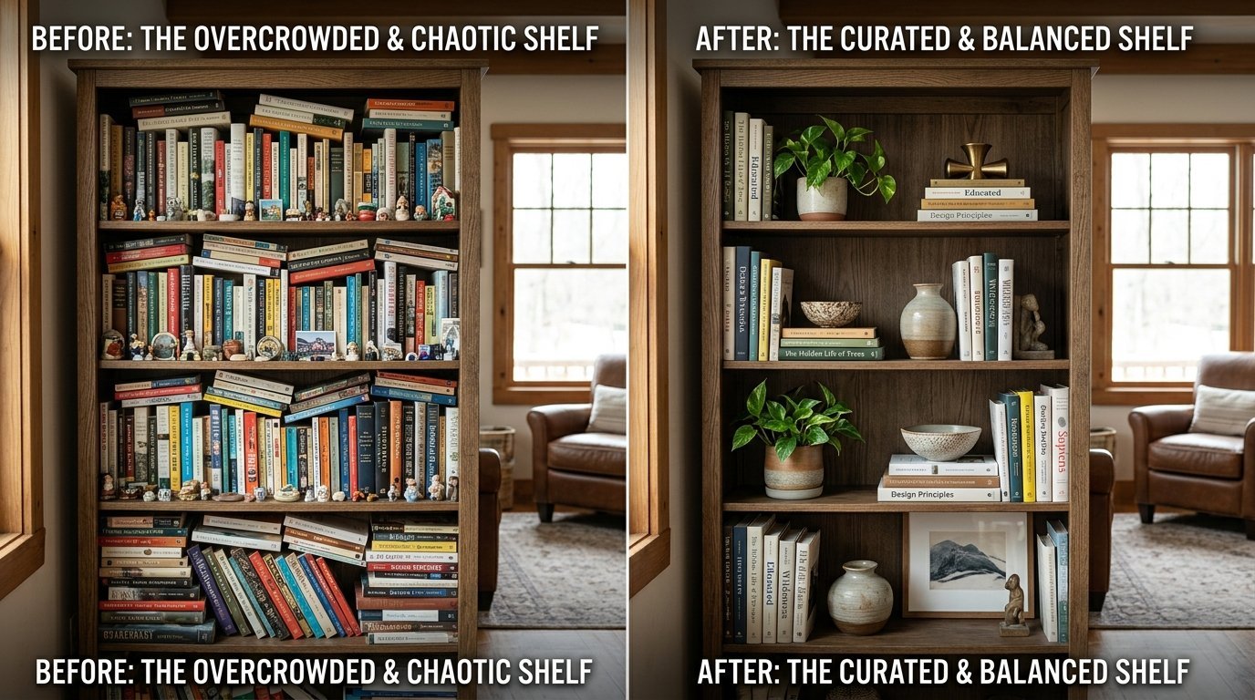 Before and after comparison of a wooden bookshelf showing chaotic storage versus organized, curated interior decor.