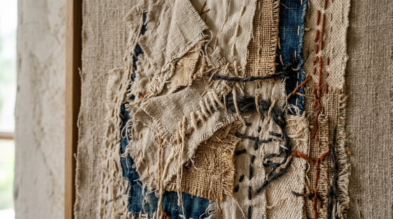 Close up of a layered fabric collage with frayed edges and thick decorative hand stitching.
