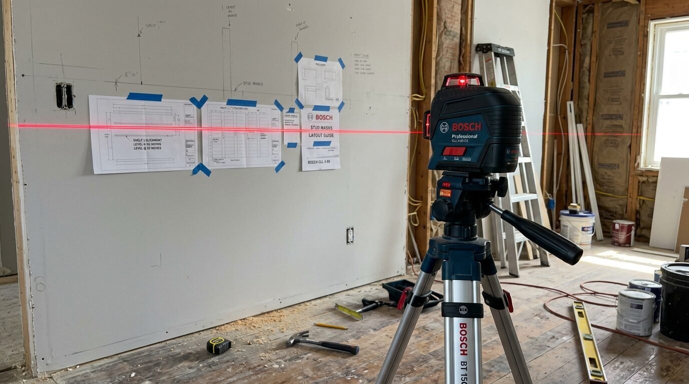 A Bosch laser level on a tripod projects a horizontal red beam across blueprints taped to a drywall surface.