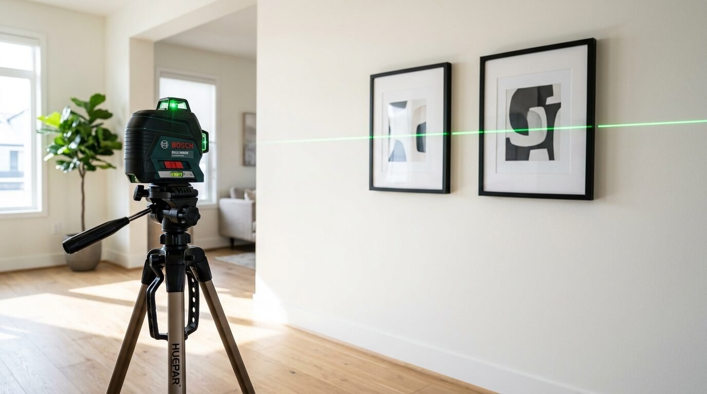 A Bosch laser level on a tripod creates a horizontal green line across two framed pictures on a beige wall.