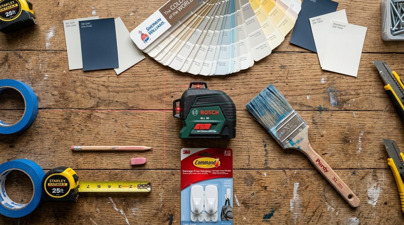 A Bosch GLL 30 laser level sits on a wooden workbench with paint chips, tape, and a paintbrush.