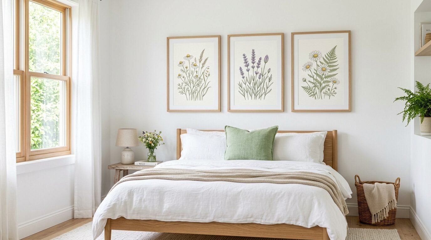 Bedroom wall with three botanical illustrations of daisies and lavender above a white bed with a sage green pillow.