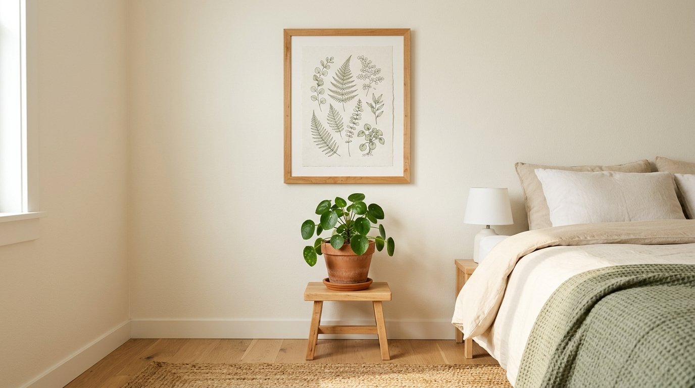 A wooden stool holding a Pilea plant stands in a bright bedroom below a botanical art print in a wood frame.