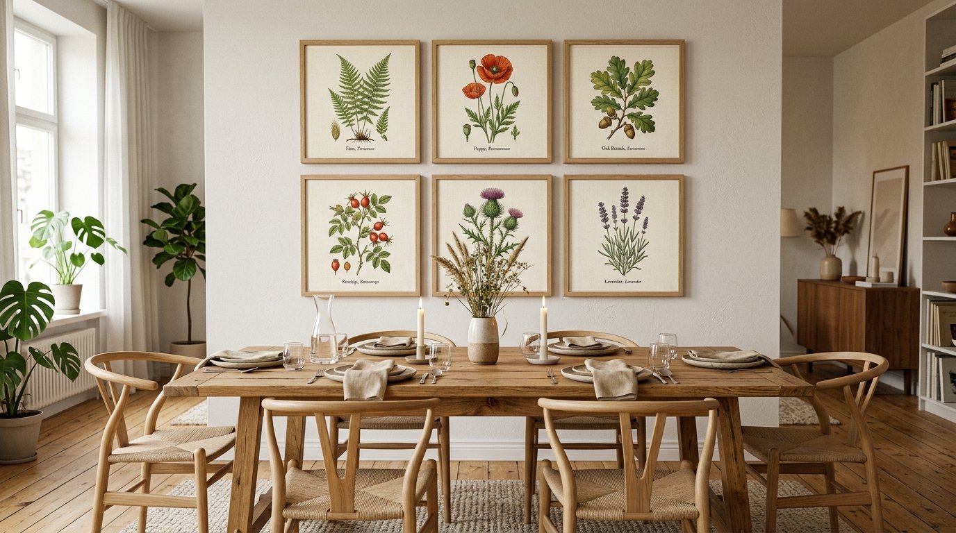 A rustic dining table set for guests with a wall gallery of framed vintage floral and foliage prints behind it.