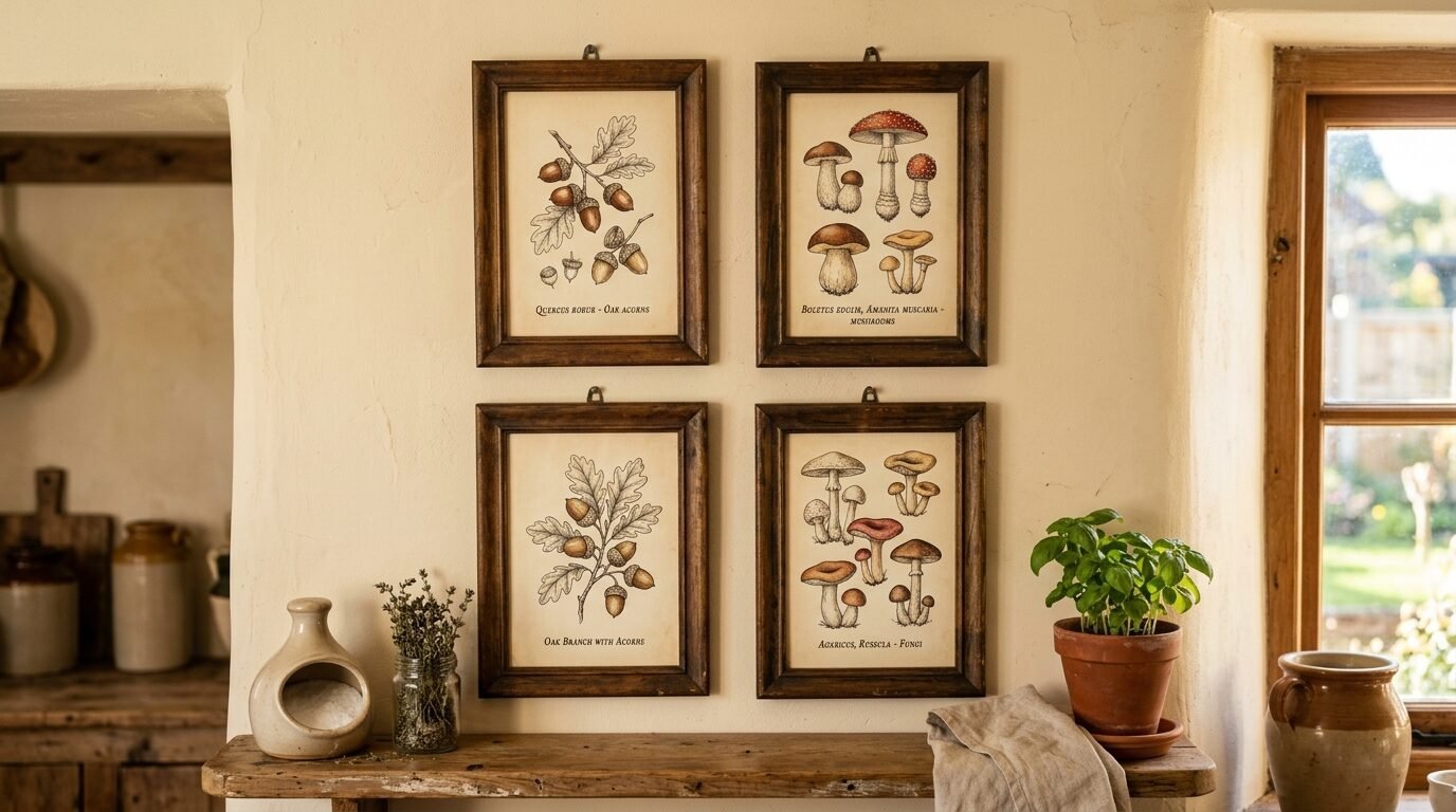 A rustic wall gallery with four framed botanical prints depicting various forest mushrooms and oak acorns.