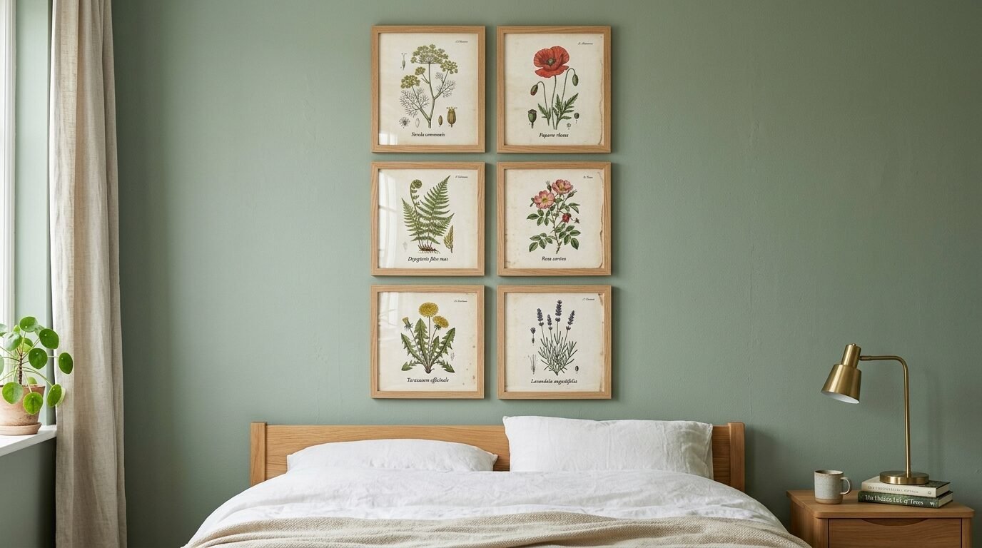 Symmetrical arrangement of six floral and plant illustrations in light wood frames on a sage green bedroom wall.