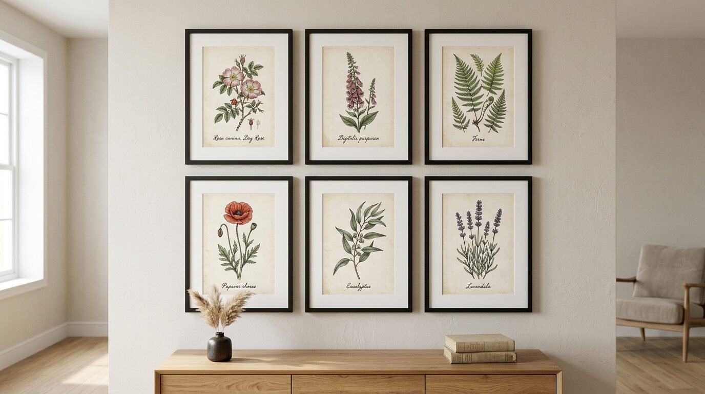 Wall display featuring six framed illustrations of various plants including roses, ferns, and lavender.