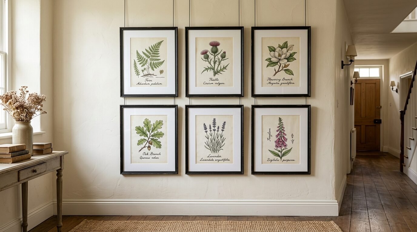 Gallery wall of six black-framed prints featuring detailed drawings of ferns, flowers, and tree branches.