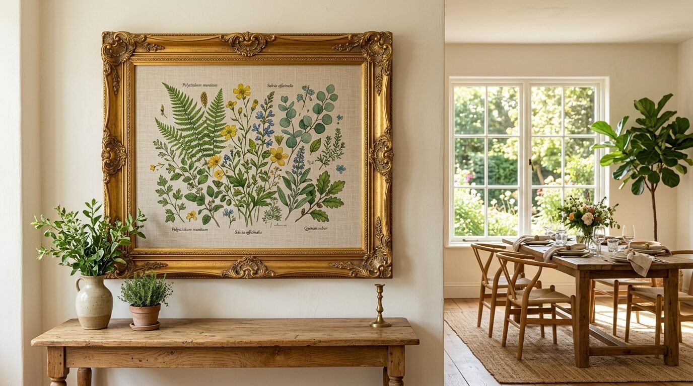 A decorative botanical plant chart in a gilded frame mounted on a cream wall above a vintage wooden table.
