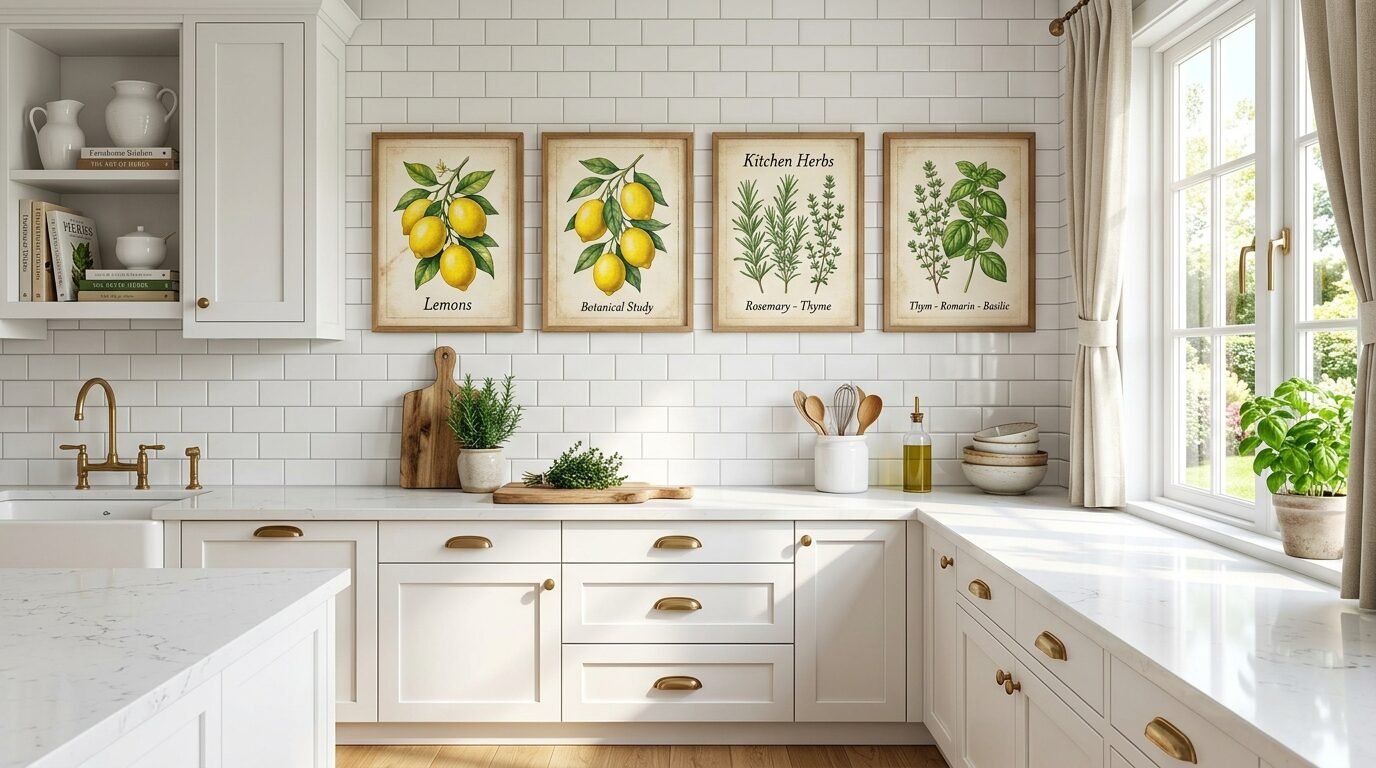 Decorative prints of lemons and herbs displayed above a clean white kitchen countertop with brass hardware.