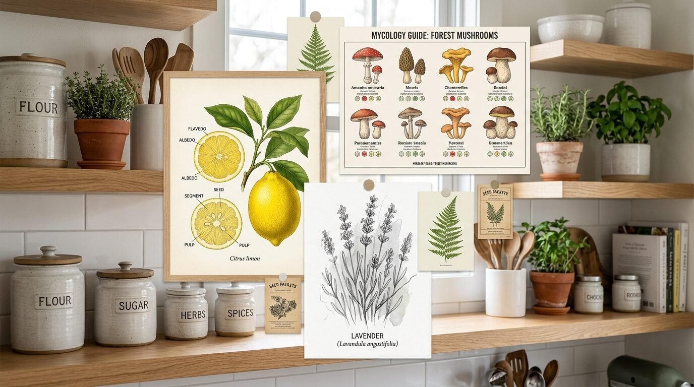 Wooden kitchen shelves featuring framed lemon anatomy art, mushroom identification charts, and lavender sketches.