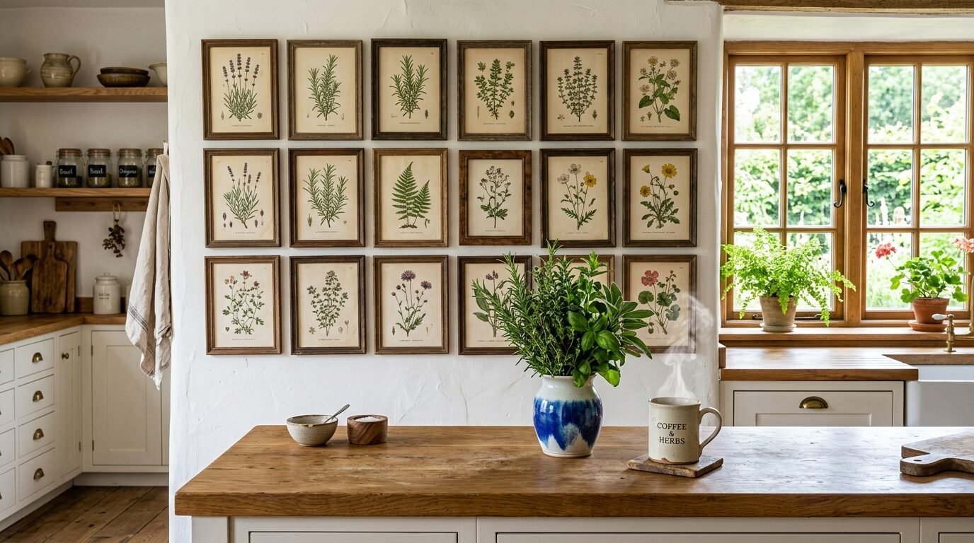 A gallery wall of eighteen framed herb illustrations above a wooden kitchen island with fresh greenery and a steaming mug.