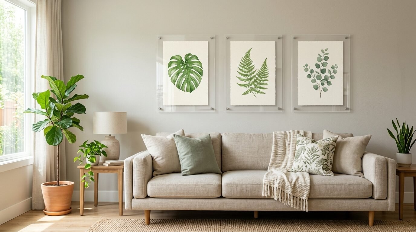 A beige couch decorated with pillows under a triptych of watercolor monstera, fern, and eucalyptus leaf art prints.