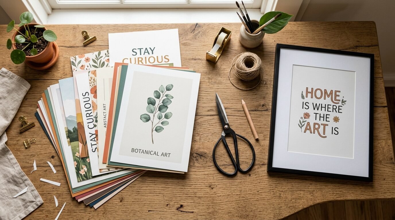 Stack of colorful nature-themed art prints next to a framed quote and craft supplies on a rustic wooden table.