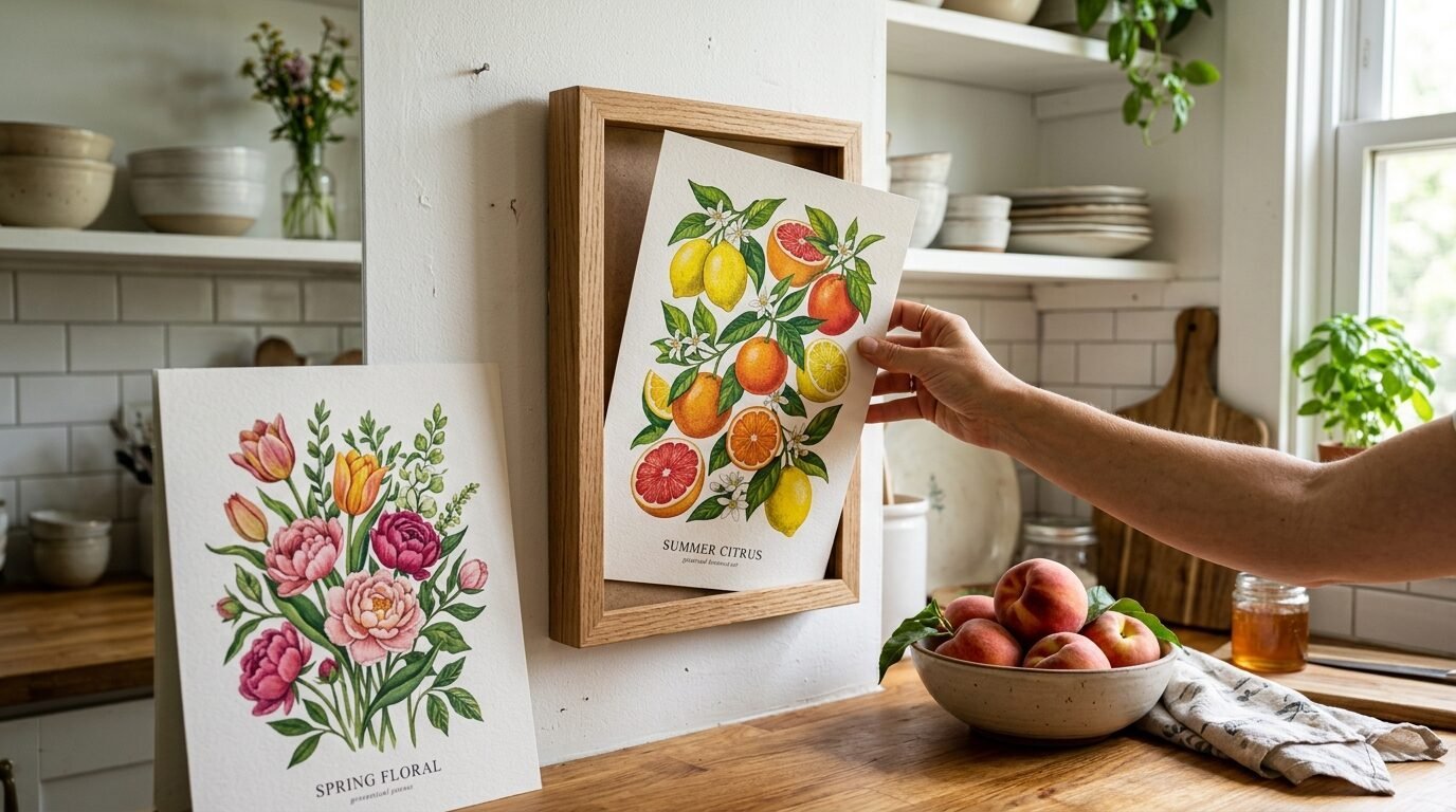Hand placing a Summer Citrus print into a wooden frame with a Spring Floral print sitting on a wooden counter.