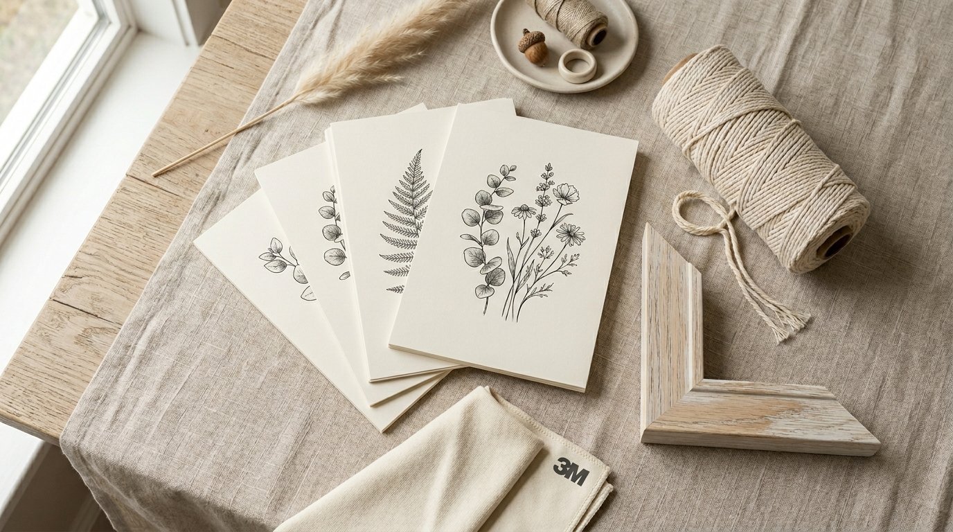 Four cream-colored cards with black botanical sketches laid on a linen tablecloth next to rope and a wood frame corner.