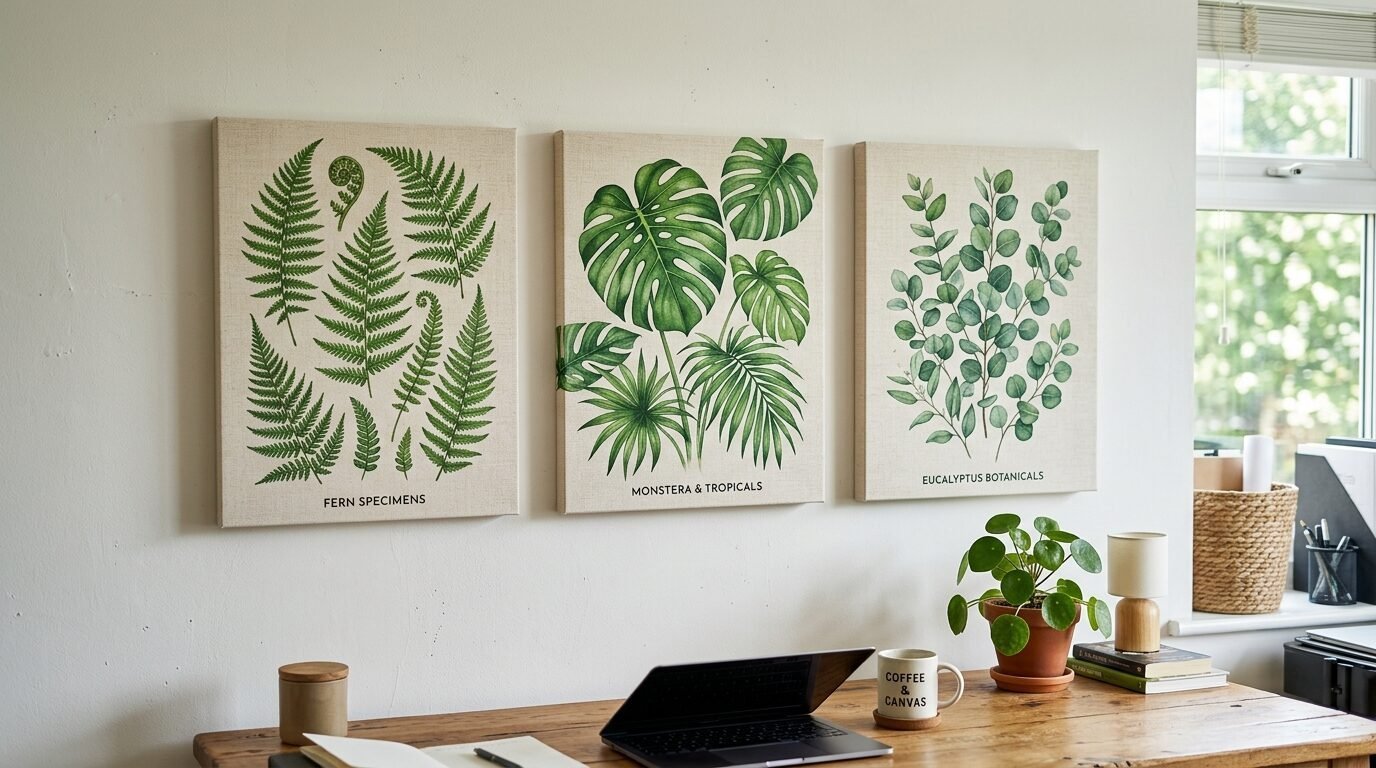 Three linen canvas art prints featuring ferns, monstera leaves, and eucalyptus hanging on a white wall above a desk.