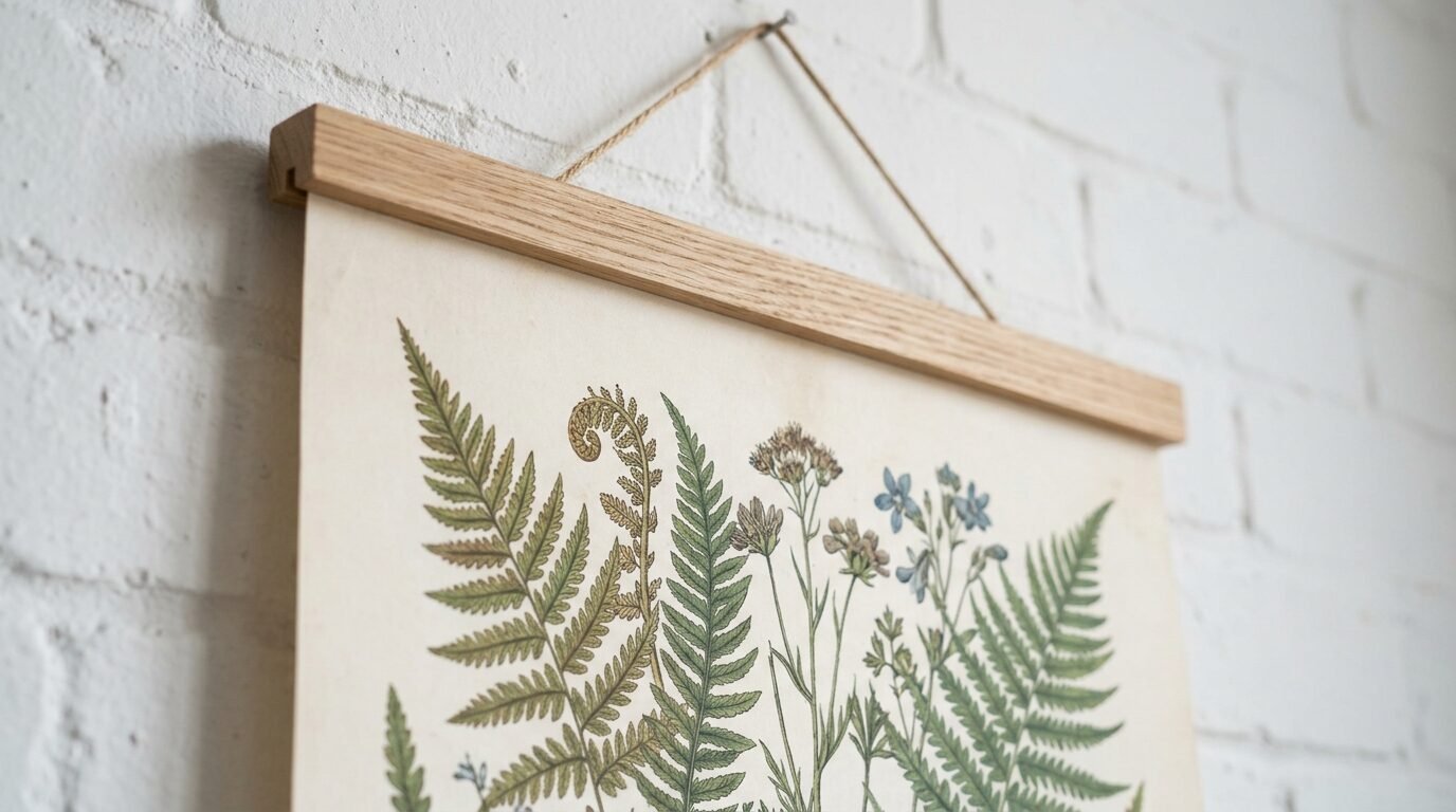 Close up of a wooden magnetic frame holding a vintage botanical art print of ferns and wildflowers.