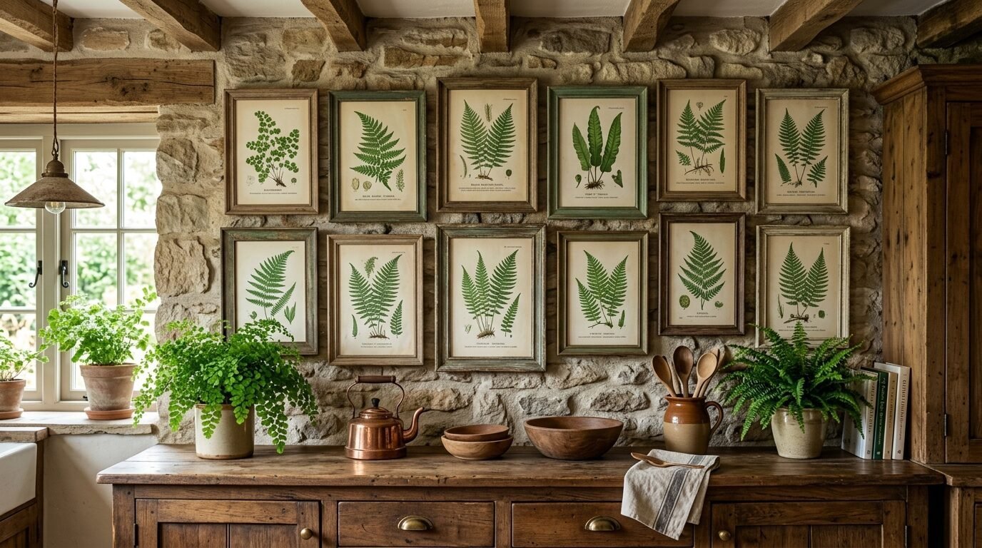 Gallery wall featuring twelve framed botanical fern illustrations above a wooden sideboard with plants and copper cookware.