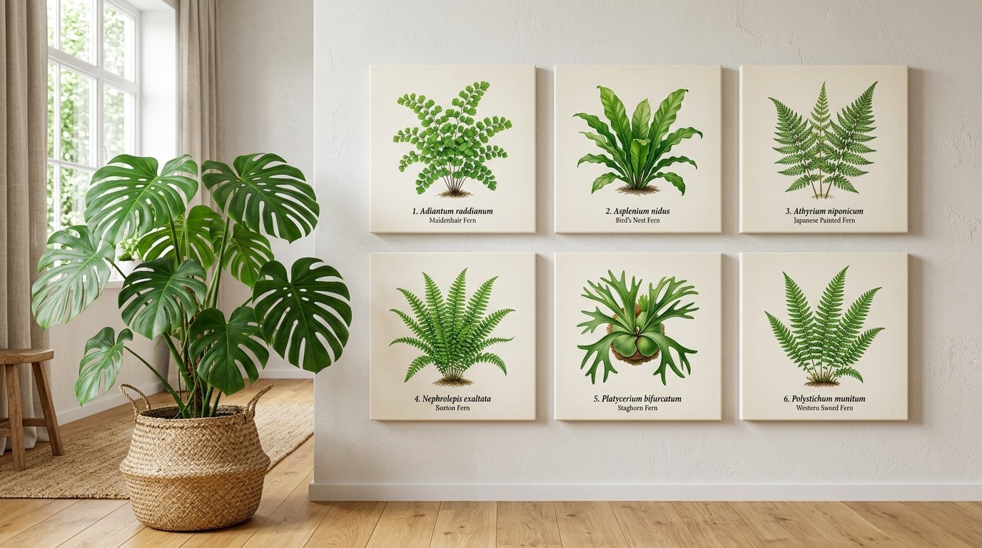 Set of six framed botanical prints of ferns displayed on a white wall next to a large potted monstera plant.