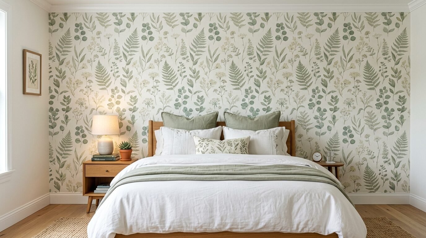 Modern bedroom with light wood furniture, white bedding, and green leaf patterned wallpaper.