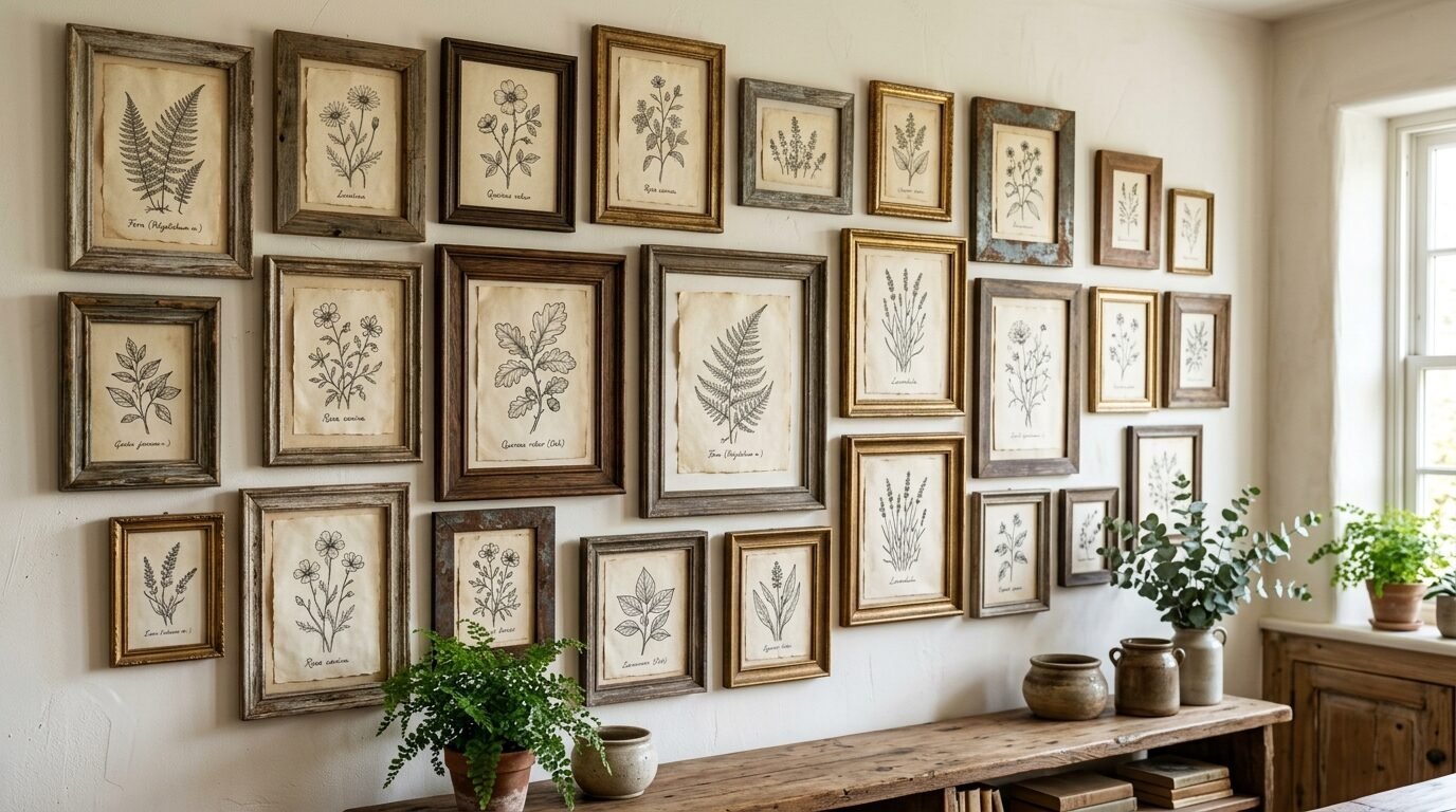 Rustic gallery wall featuring framed antique-style plant and flower drawings above a wooden console table.